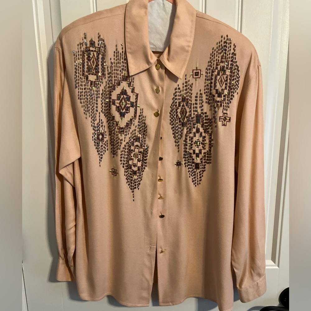 #3036. IB Diffusion Women's Long Sleeve Pink Western Blouse with Beading. Size 4